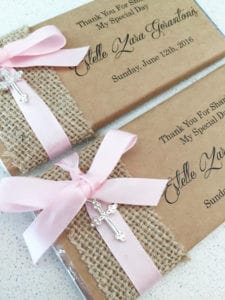 cross charm ribbon personalised chocolates