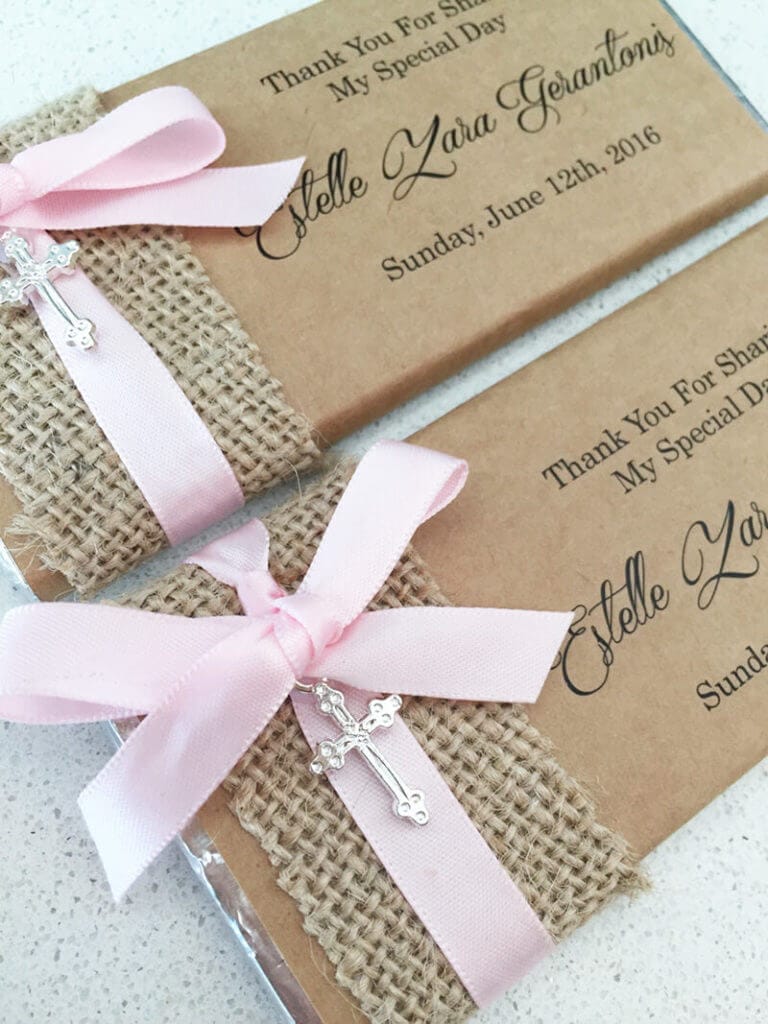 Rustic paper, Ribbon & Cross Charm Personalised Chocolates