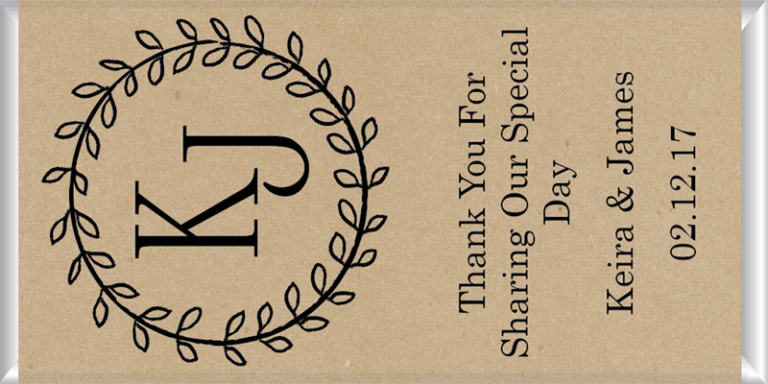 Personalised Chocolate Bar Favours - Initials in Wreath Kraft Paper Design