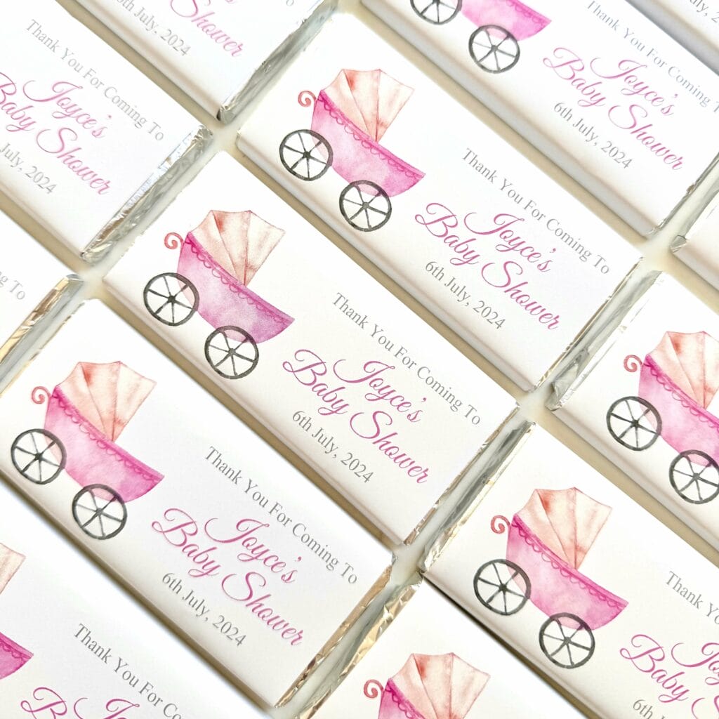 pink baby pram custom chocolate bars