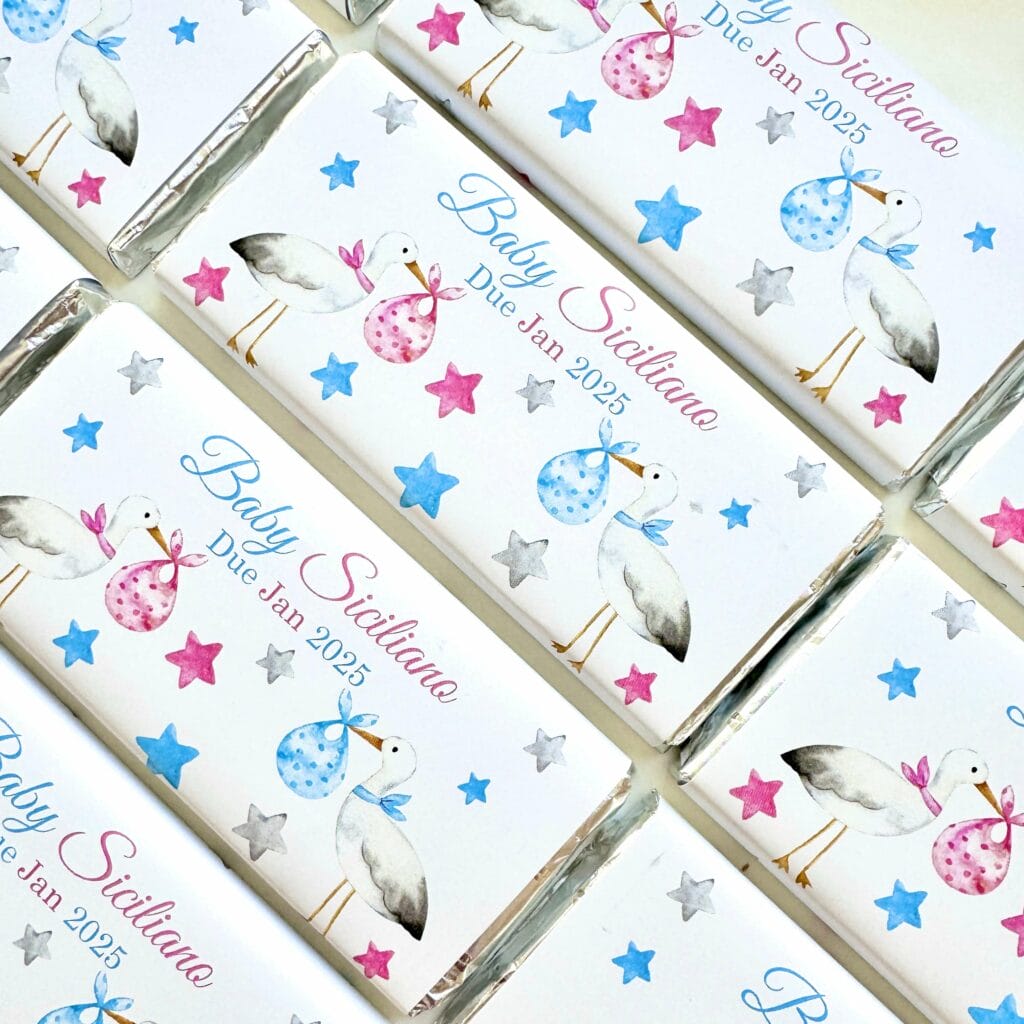pink blue storks baby shower chocolate favours