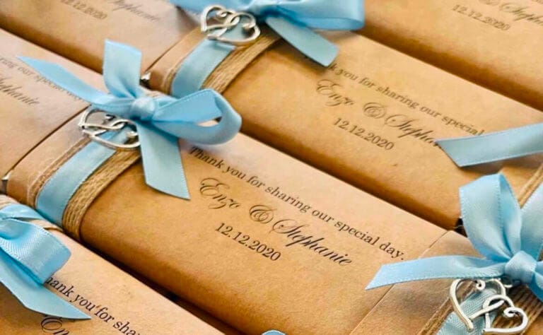 Rustic Paper, Ribbon & Heart Charm Personalised Chocolates