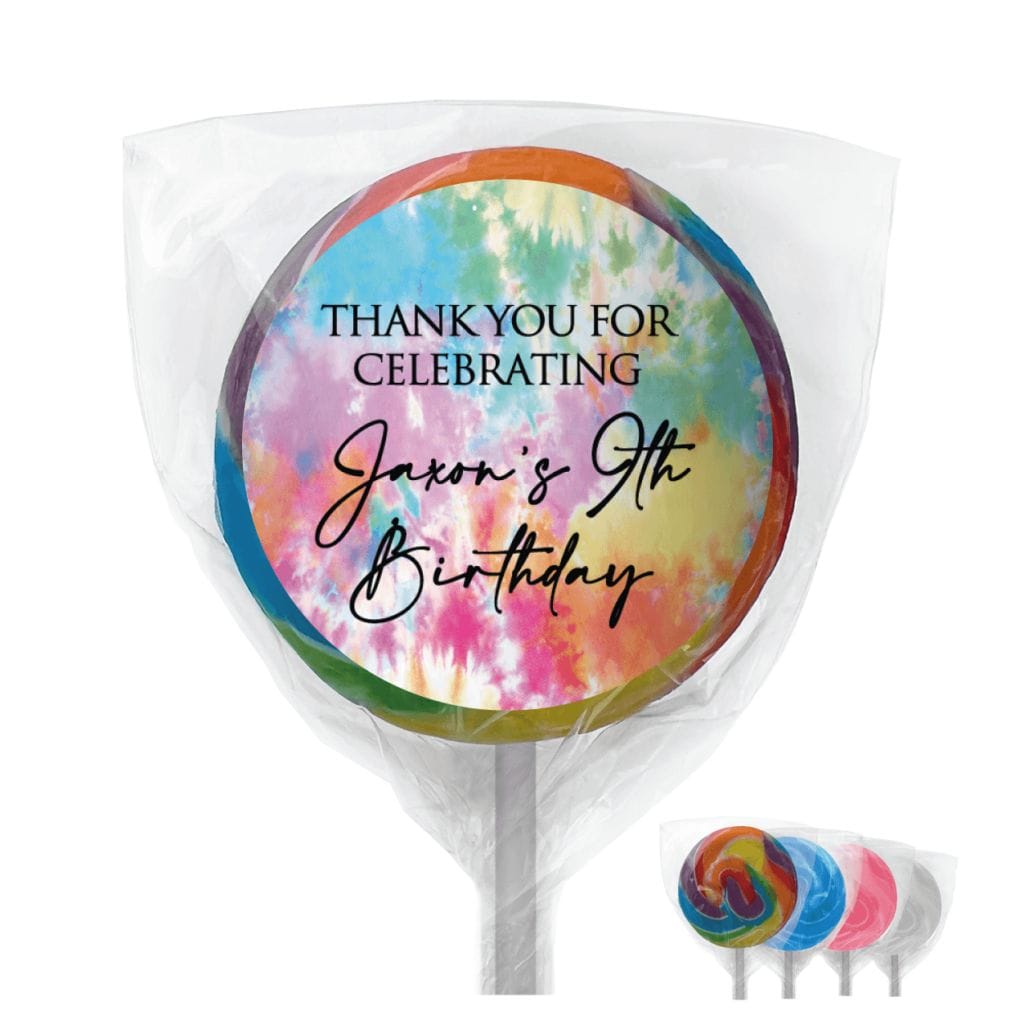 tie dye theme personalised lollipops