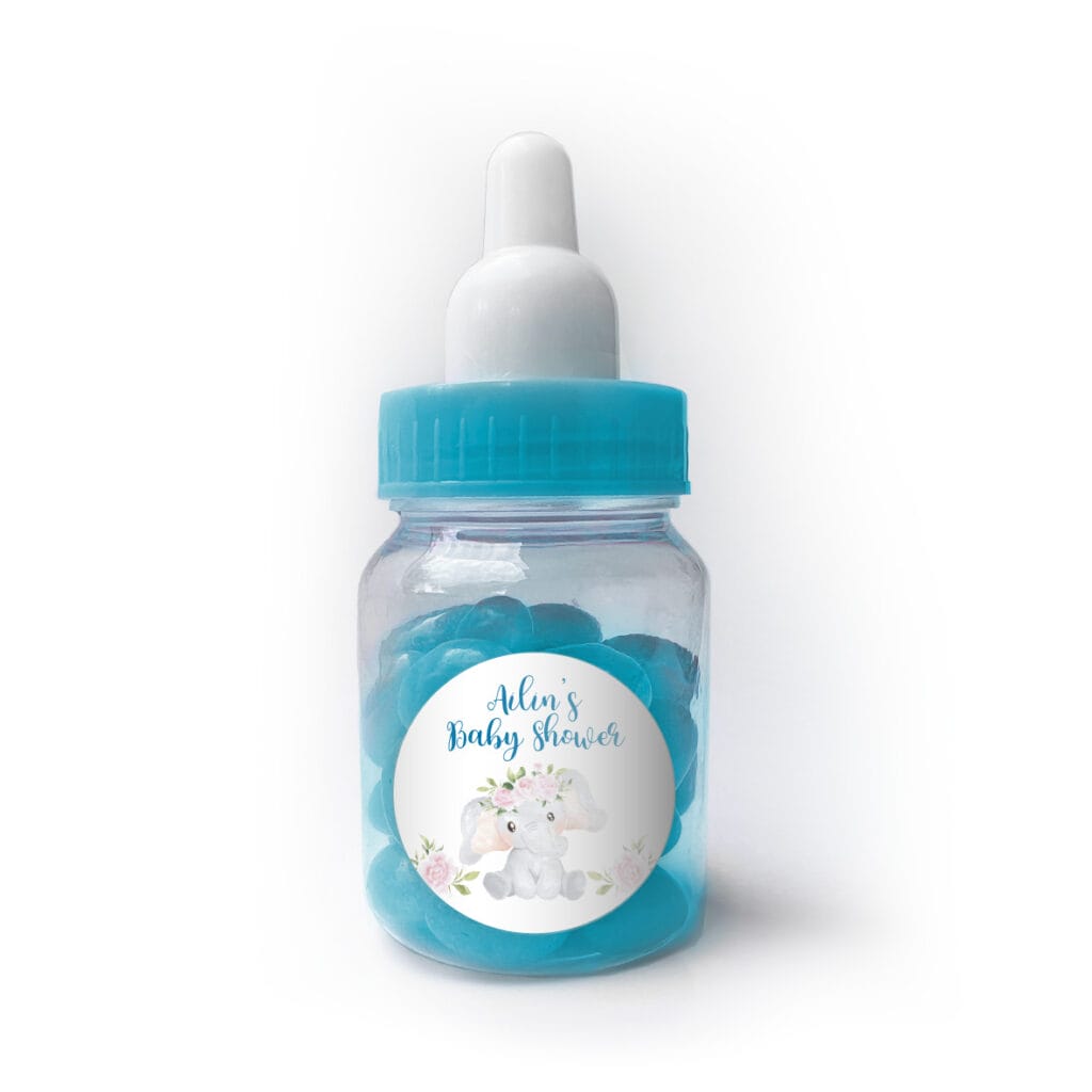 blue floral elephant custom baby bottle jelly beans