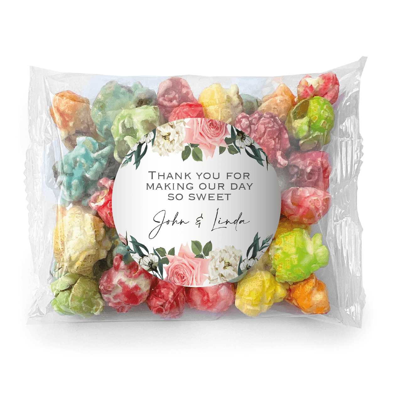 florals on white popcorn favors rainbow