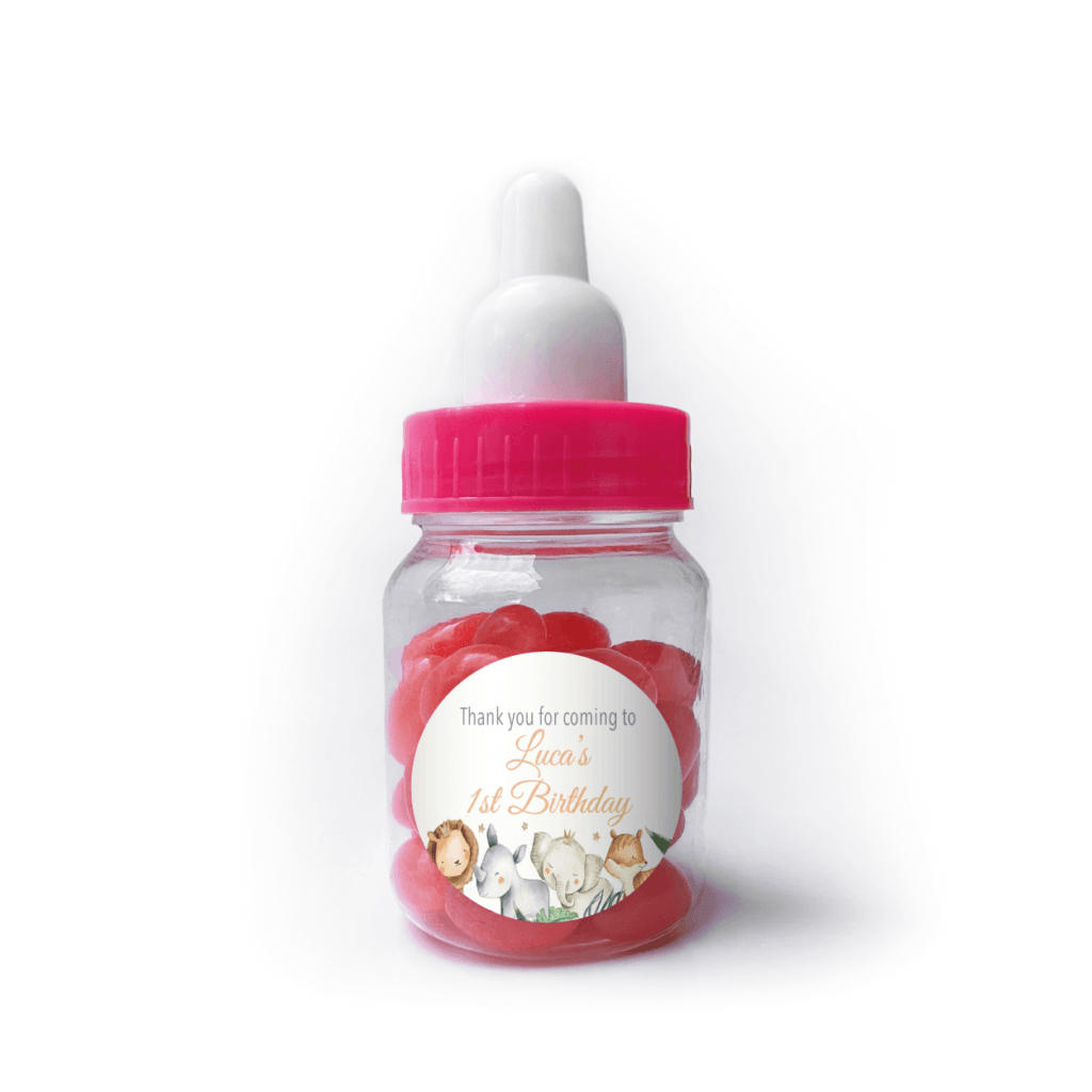 watercolour baby safari animals jelly bean bottles pink