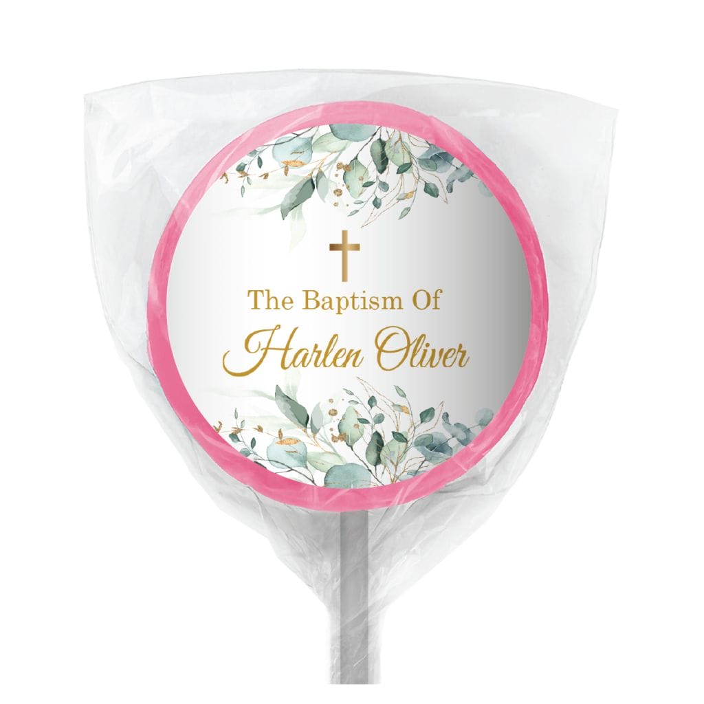green leave gold bomboniere lollipop pink