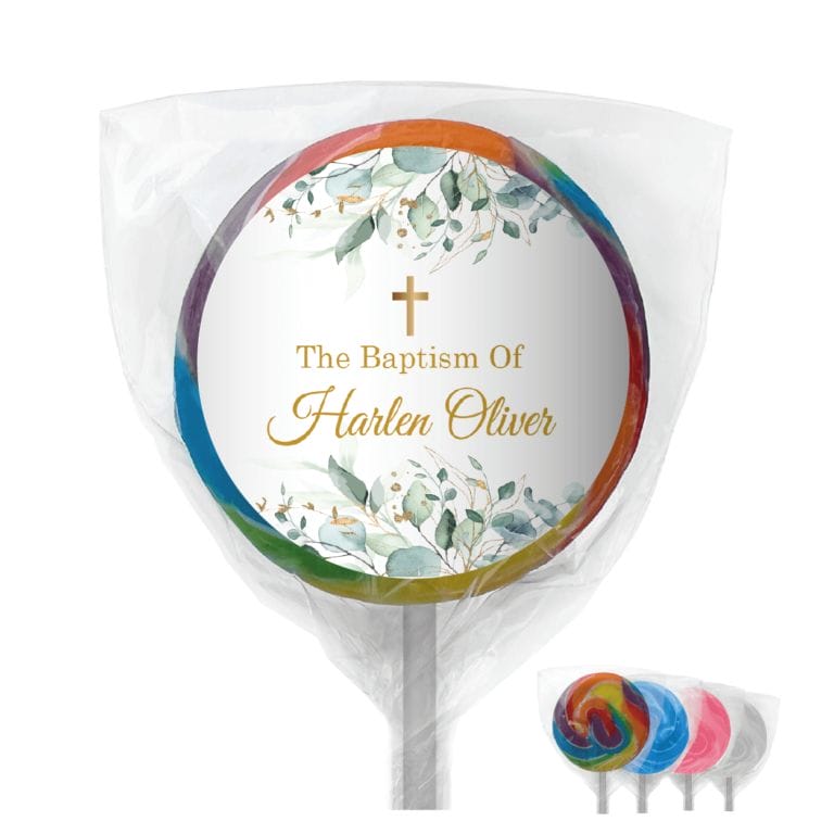 Green Leaves & Gold Cross Custom Lollipops