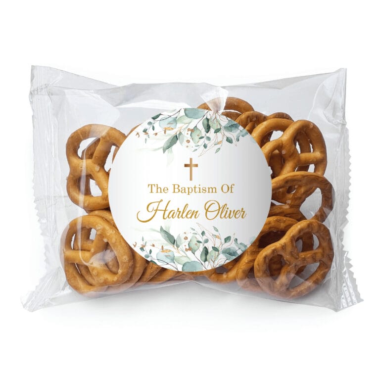Green Leaves & Gold Cross Custom Pretzel Bag Favors