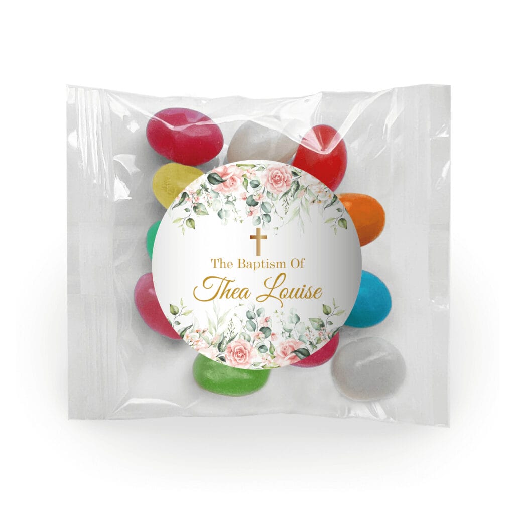 pink and cream roses bomboniere jelly beans