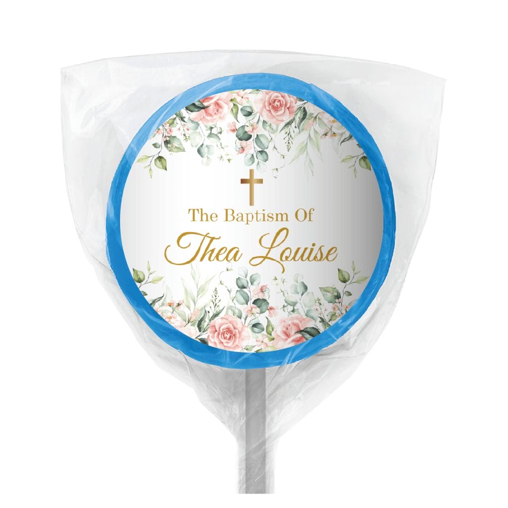 pink and cream roses bomboniere lollipop blue