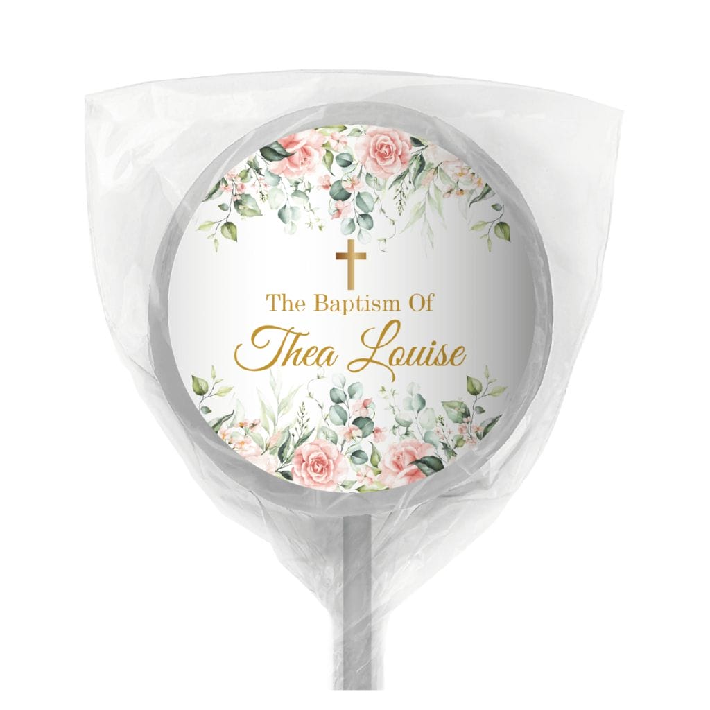 pink and cream roses bomboniere lollipop white