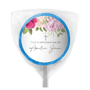 roses and cross bomboniere lollipop blue