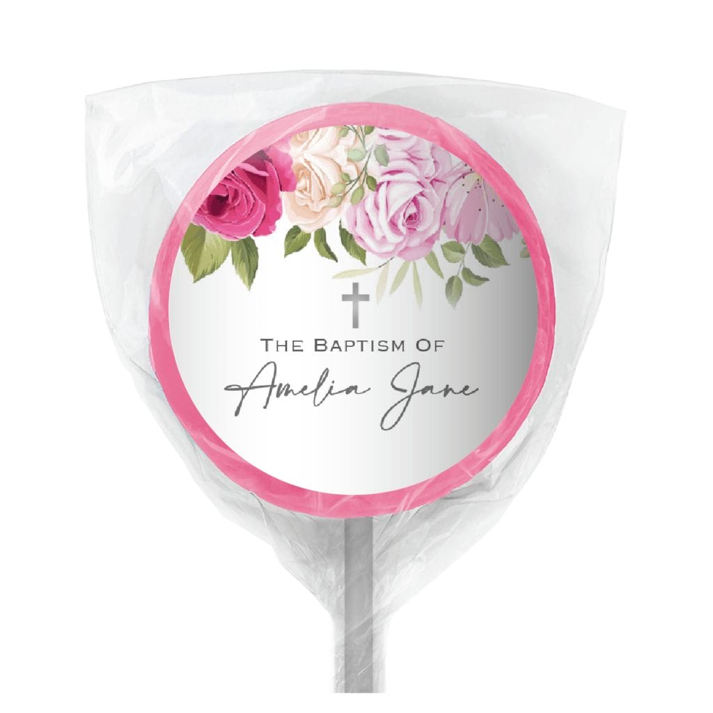 roses and cross bomboniere lollipop pink
