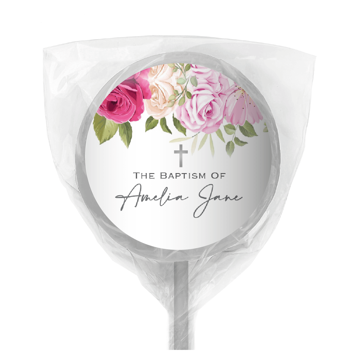 roses and cross bomboniere lollipop white