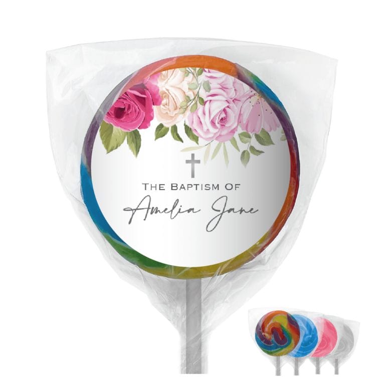 Rose Waterfall & Cross Custom Lollipop Bomboniere