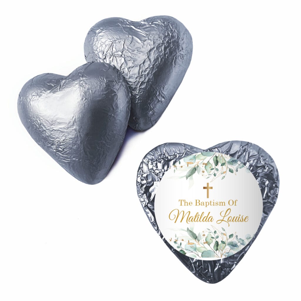green leaves and gold cross chocolate hearts