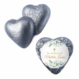 green leaves and gold cross chocolate hearts