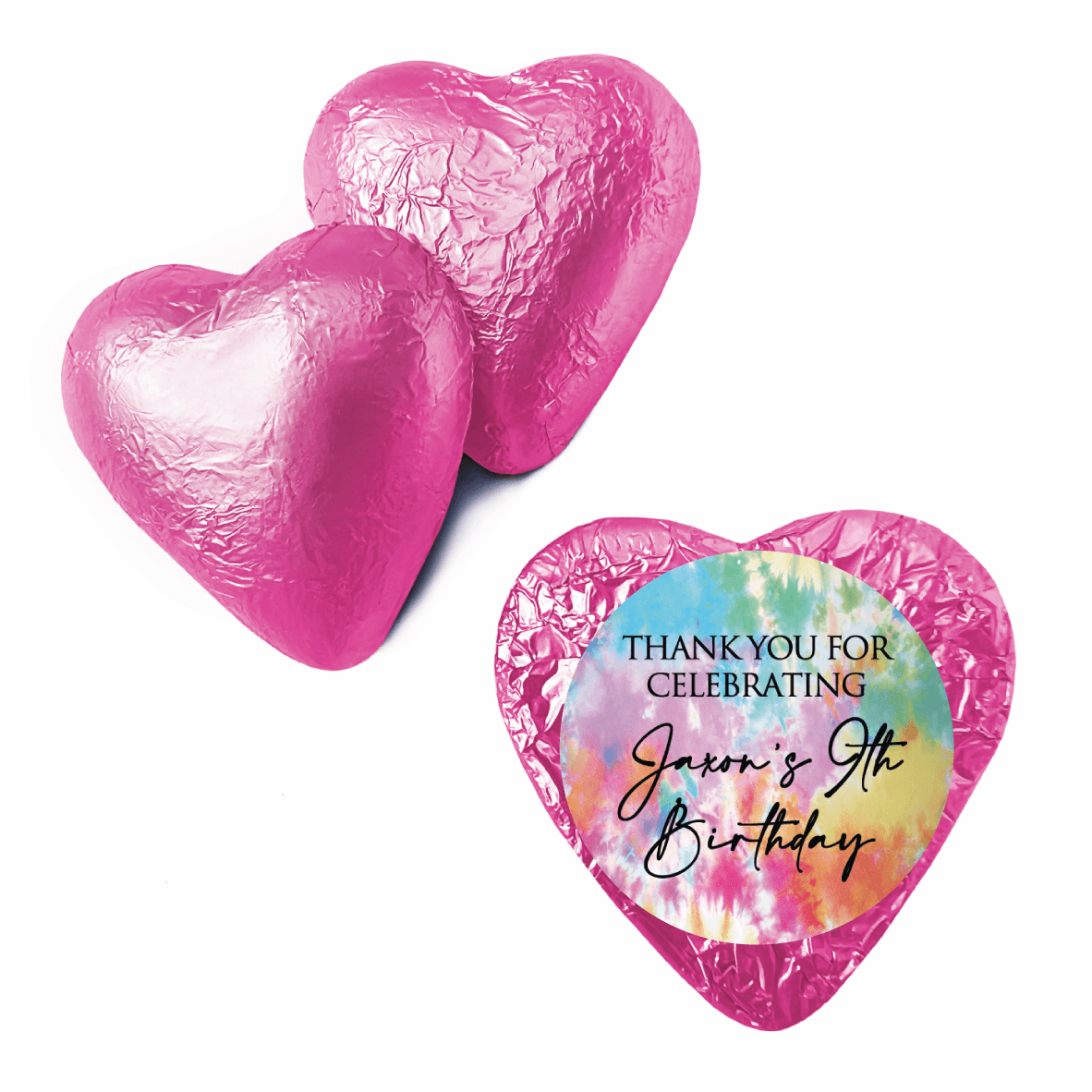 tye dye theme custom foil chocolate hearts