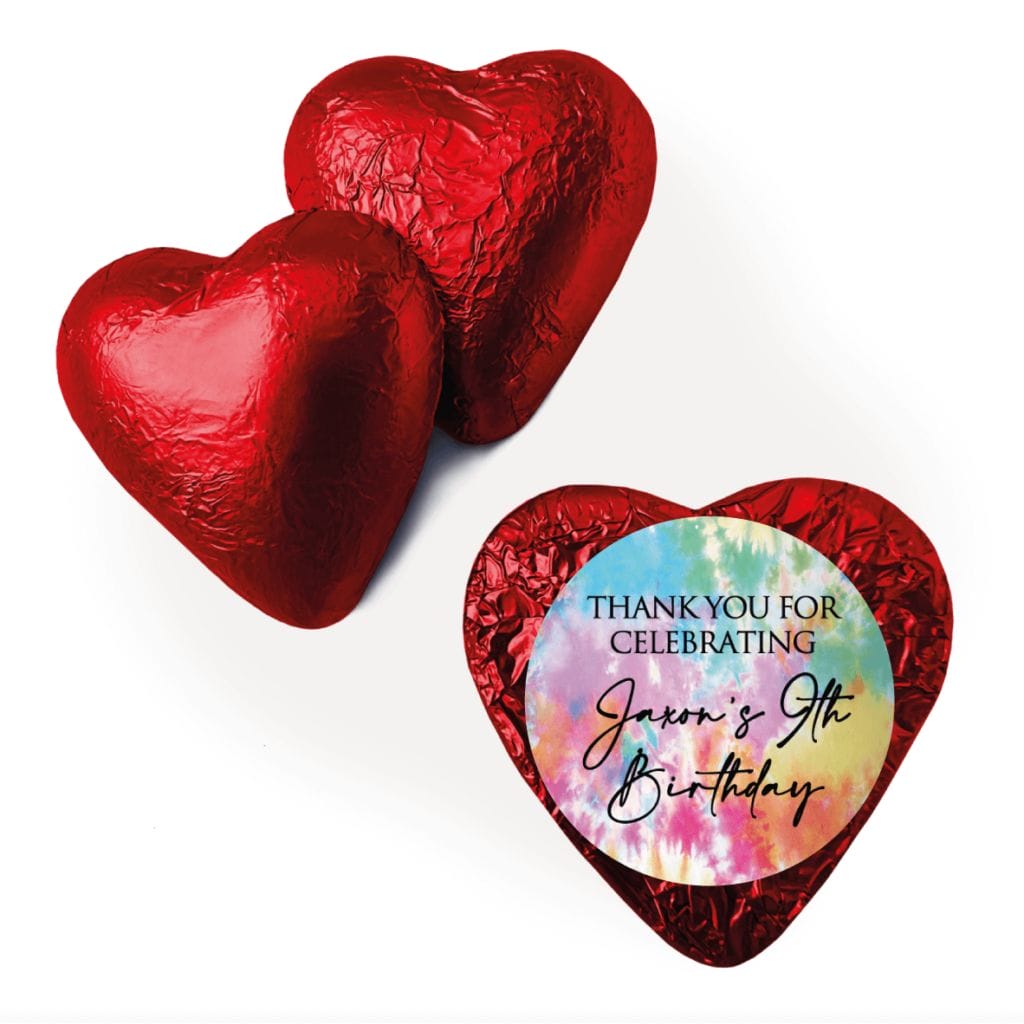 tye dye theme custom foil chocolate hearts