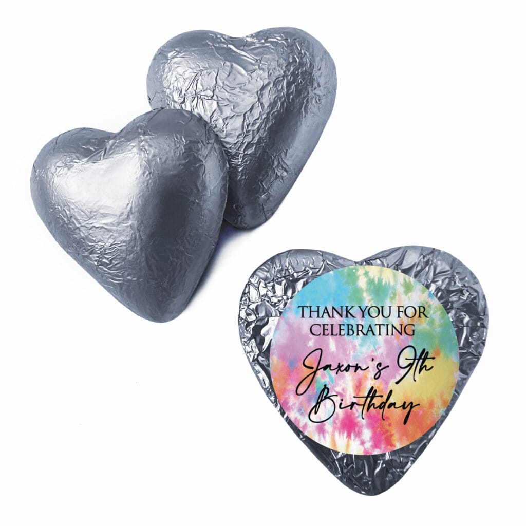 tye dye theme custom foil chocolate hearts