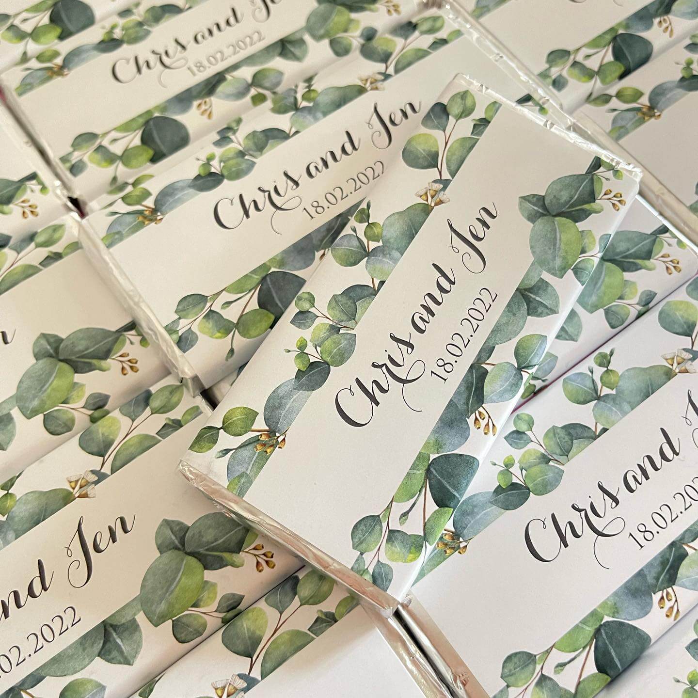 eucalyptus watercolour personalised chocolate bars