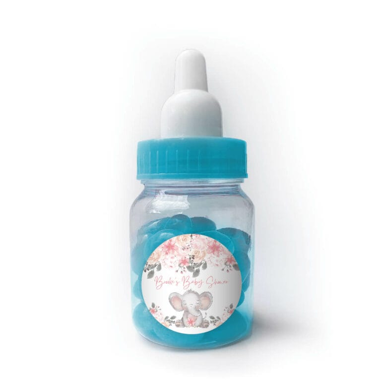 Pink Floral Elephant Custom Blue Baby Bottle Jelly Beans