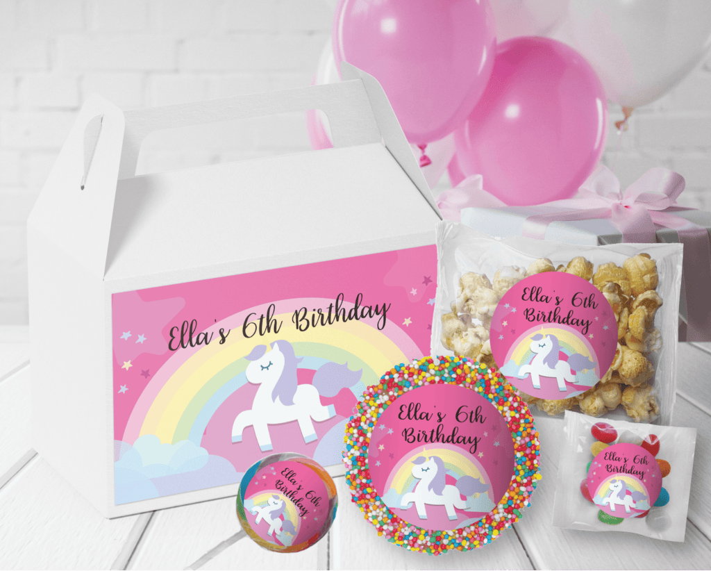rainbow unicorn theme personalised kids party lolly box pack