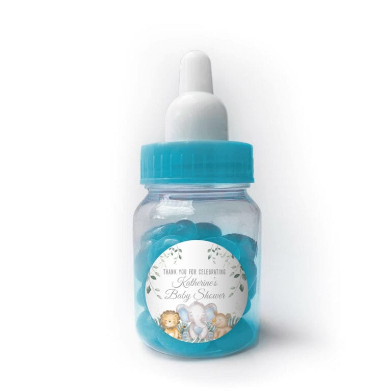 Sleepy Safari Animals Custom Blue Baby Bottle Jelly Beans