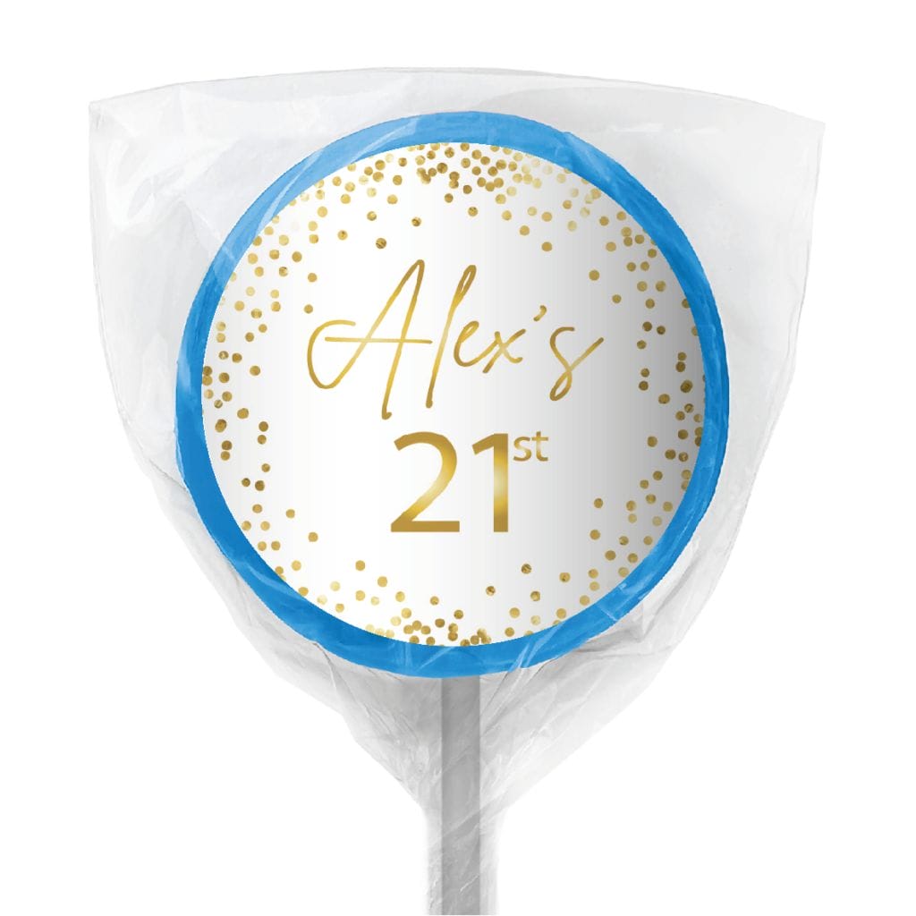 white and gold confetti lollipop blue