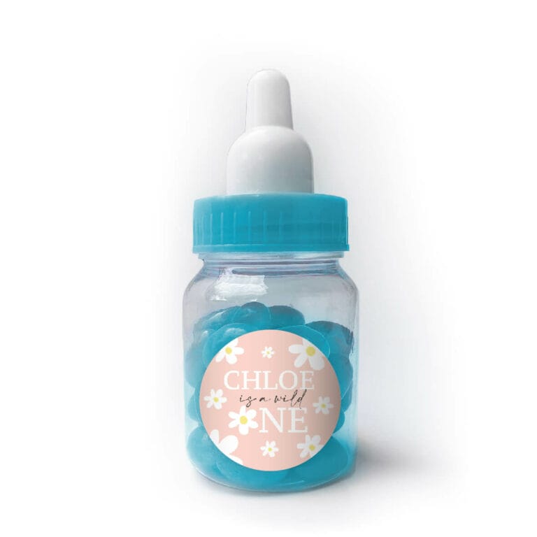Pink Daisy Theme Custom Blue Baby Bottle Jelly Beans