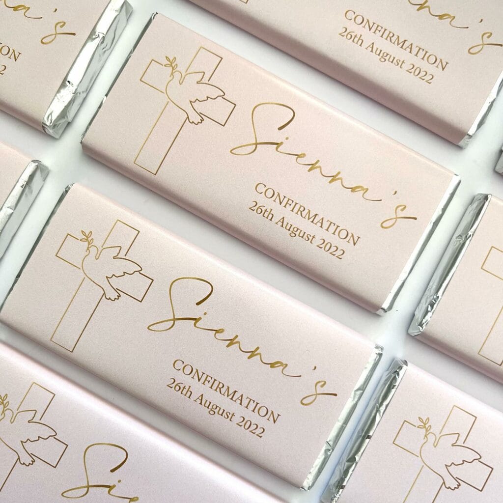 pink and gold dove and cross chocolates