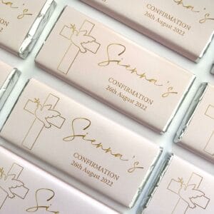 pink and gold dove and cross chocolates