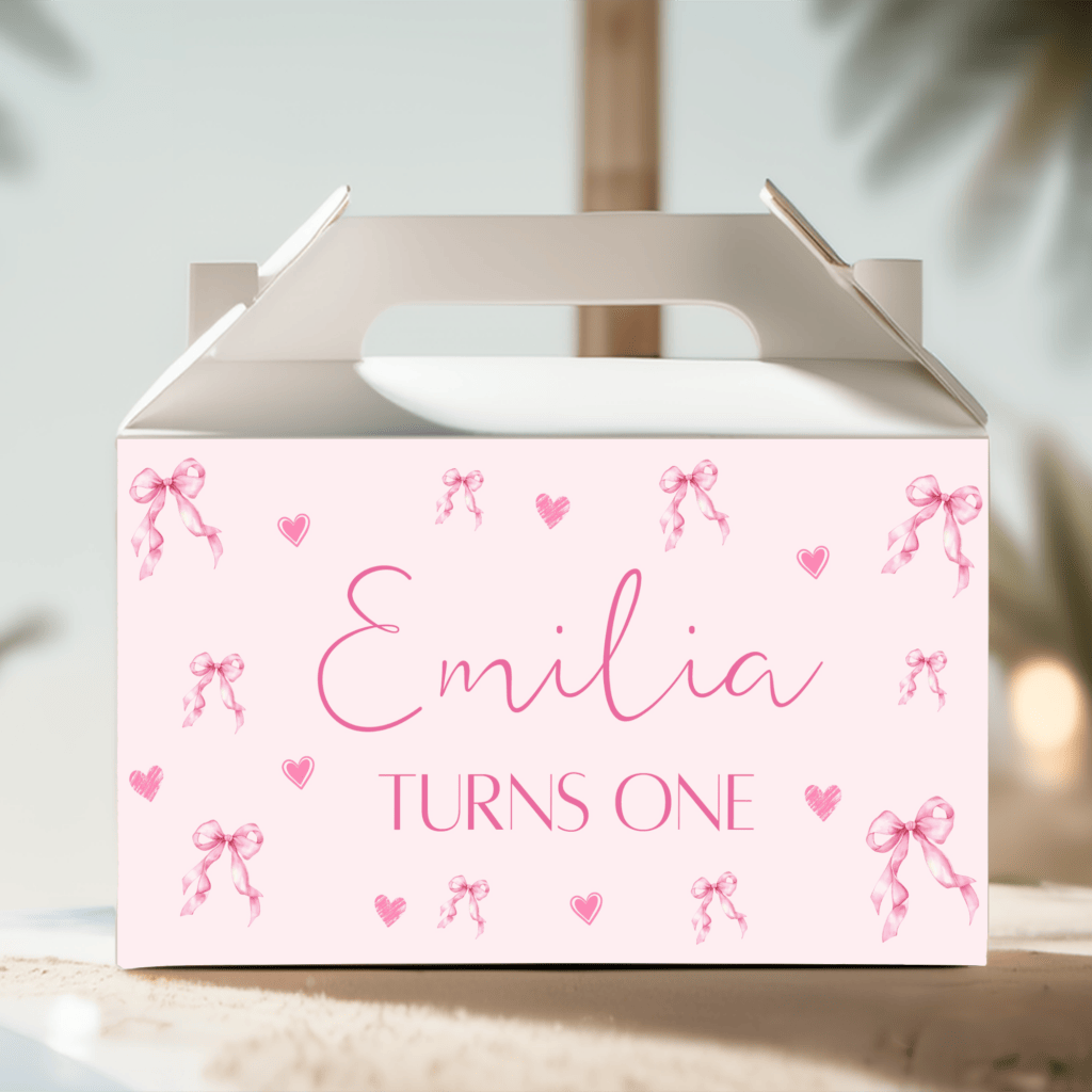 pink bows and hearts party box white