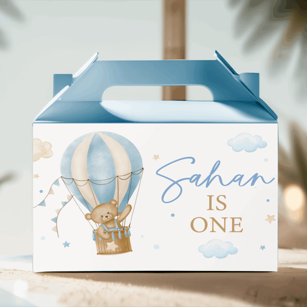 teddy hot air balloon favour box blue
